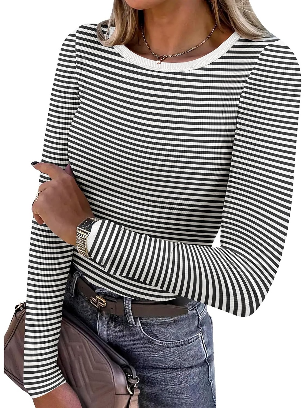 Women's Black White Slim Lightweight Knit Long Sleeve Shirts Ribbed Fitted Tops
